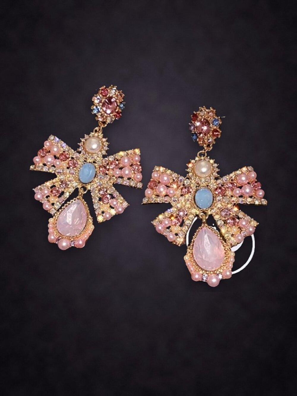 Pink Rhinestone Bow Statement Earrings with Faux Pearls and Teardrop NWT